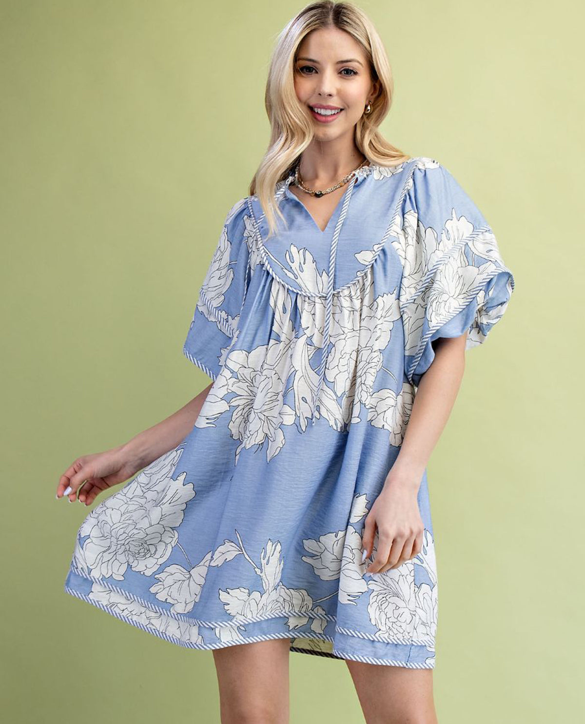 Gigio Floral Print Babydoll Dress Blue
