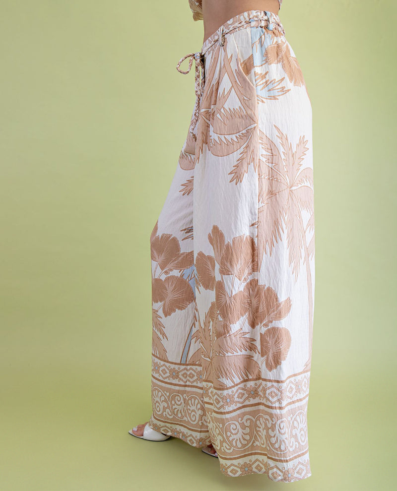Gigio Tropical Print Soft Wide Leg Pant Taupe