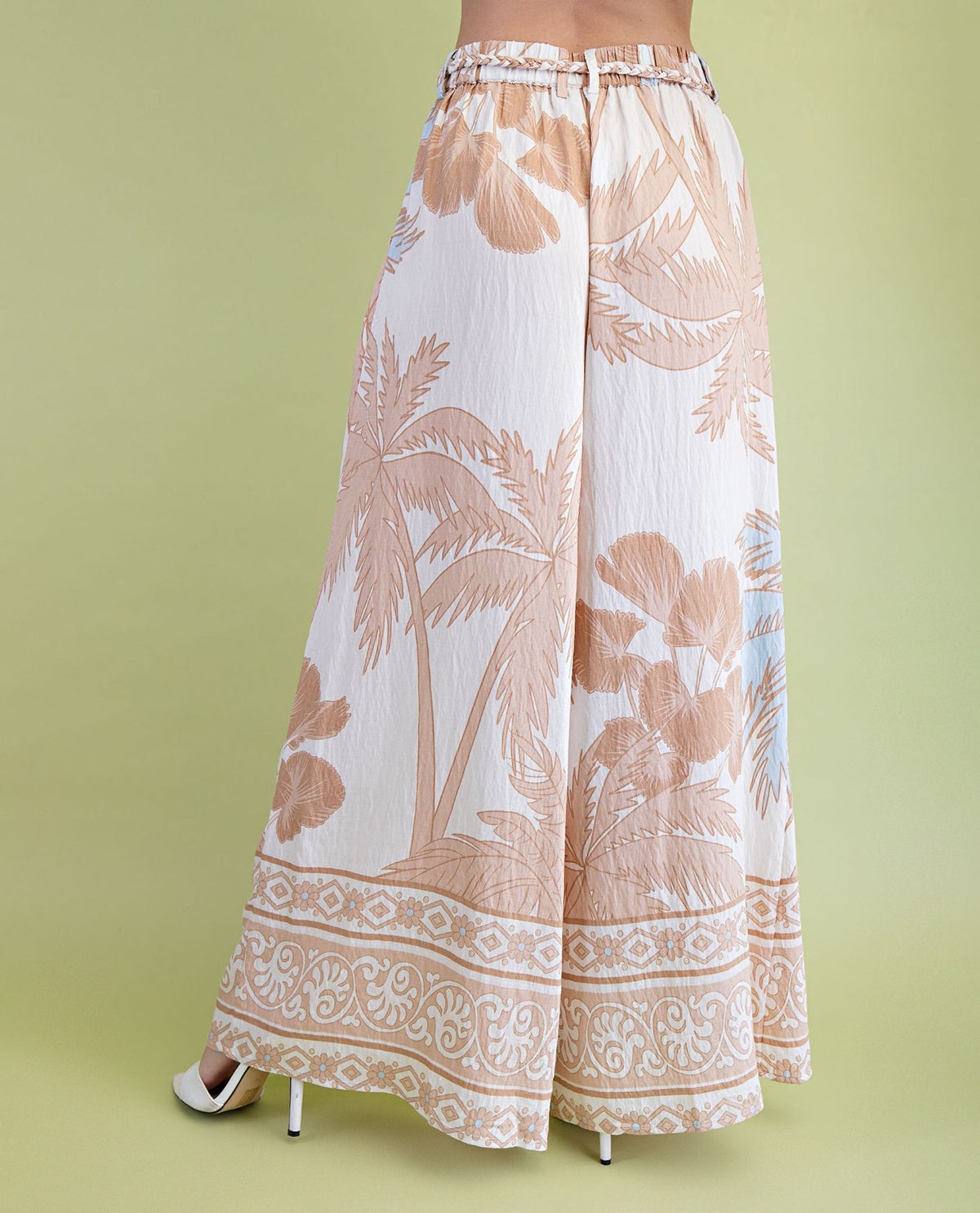 Gigio Tropical Print Soft Wide Leg Pant Taupe