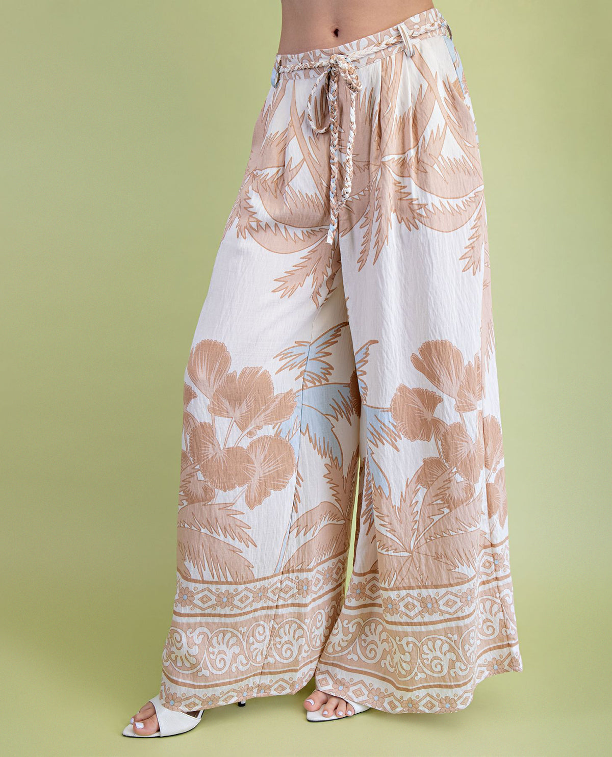 Gigio Tropical Print Soft Wide Leg Pant Taupe