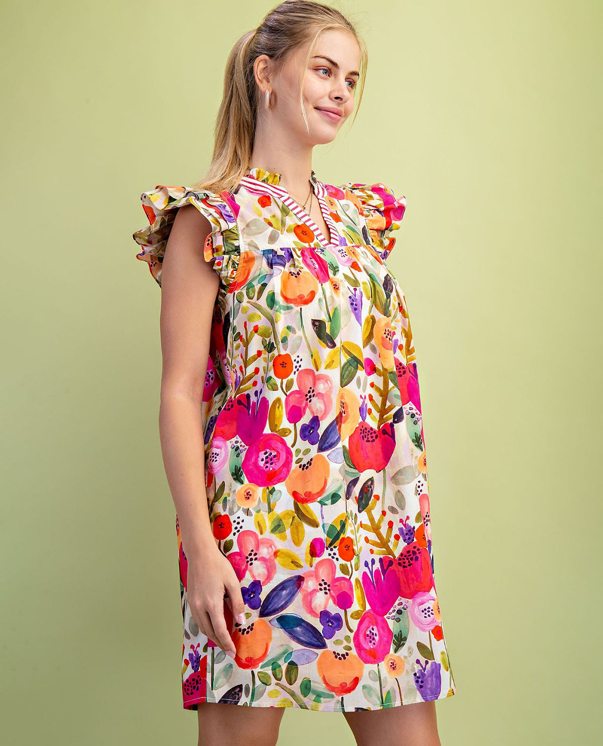 Gigio Flora Ruffle Neck Dress With Contrast Stripe Fuchsia