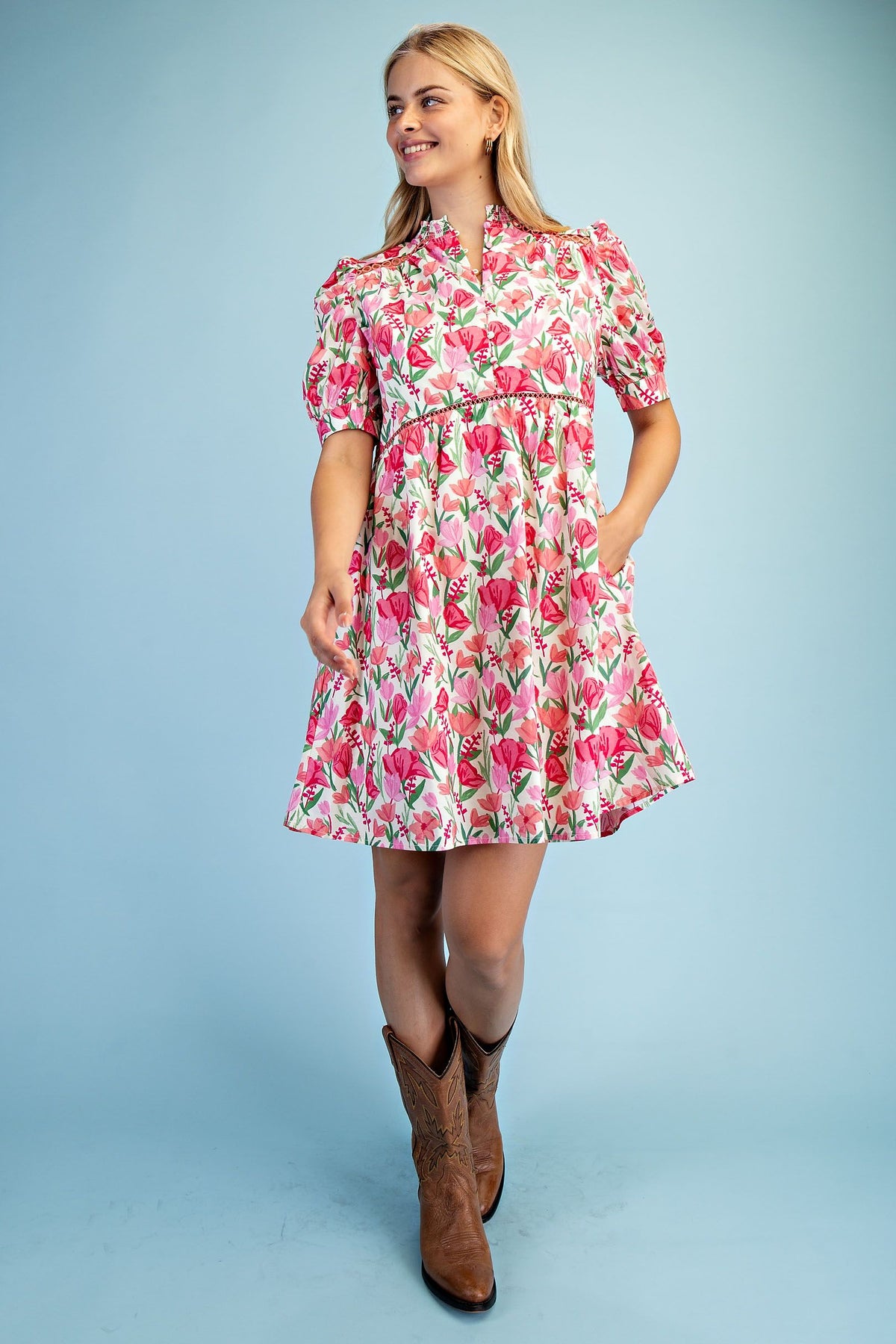 Gigio Floral Smock Neck Dress Pink