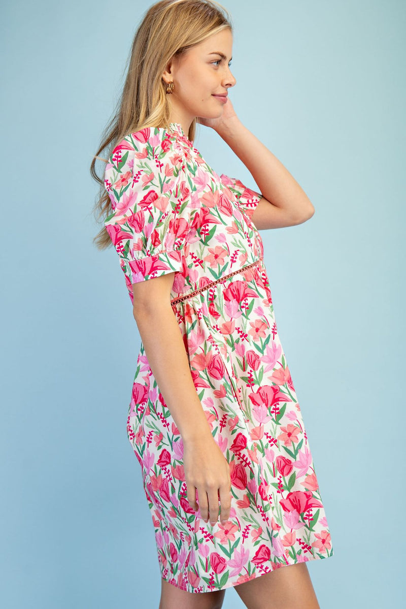 Gigio Floral Smock Neck Dress Pink