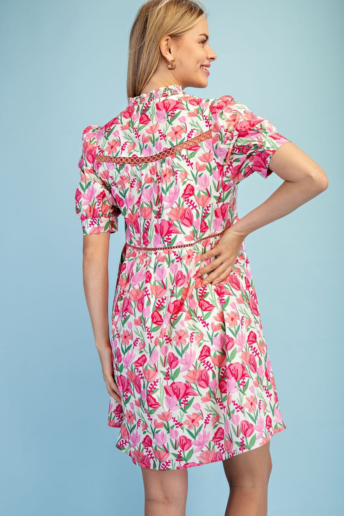 Gigio Floral Smock Neck Dress Pink