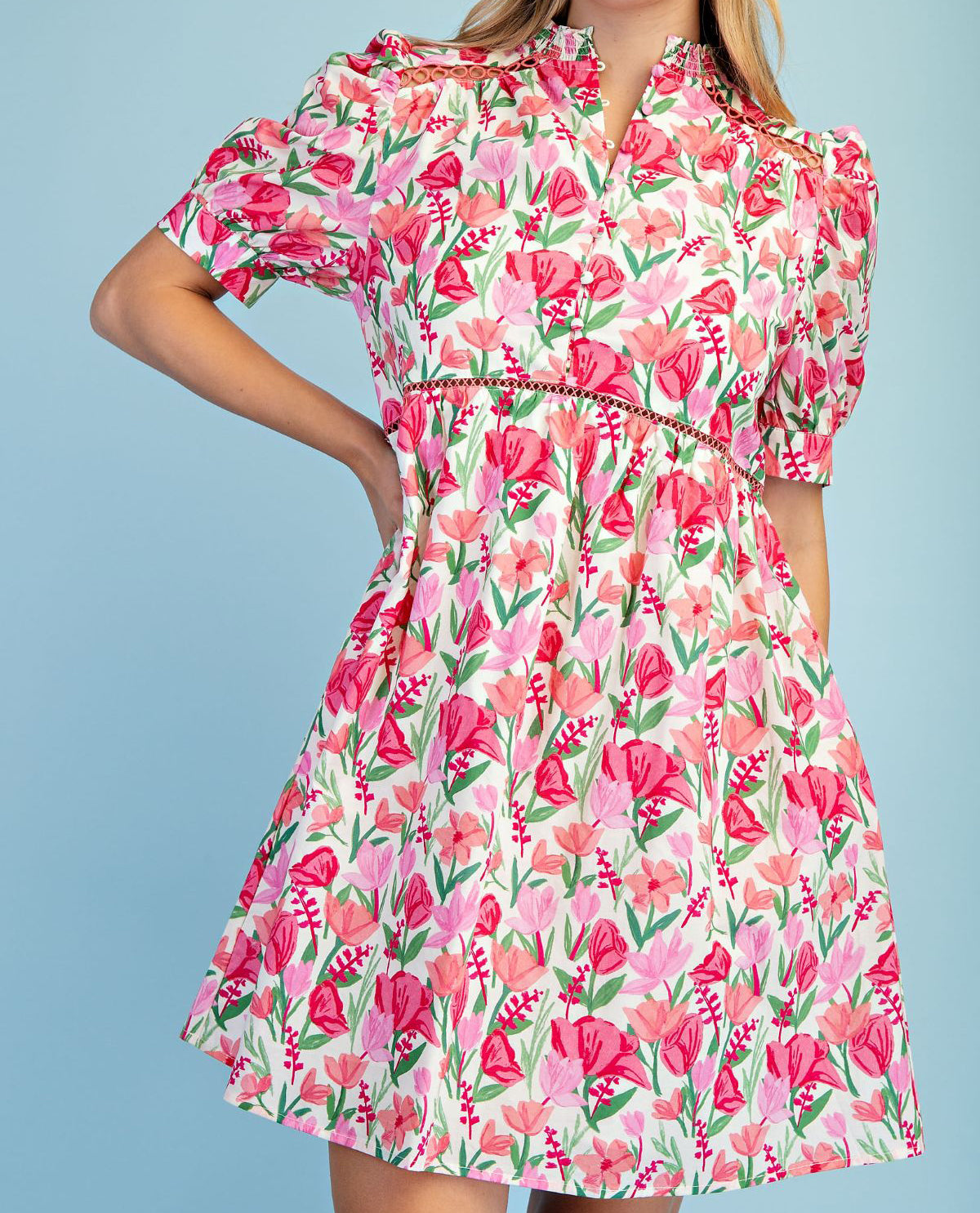 Gigio Floral Smock Neck Dress Pink