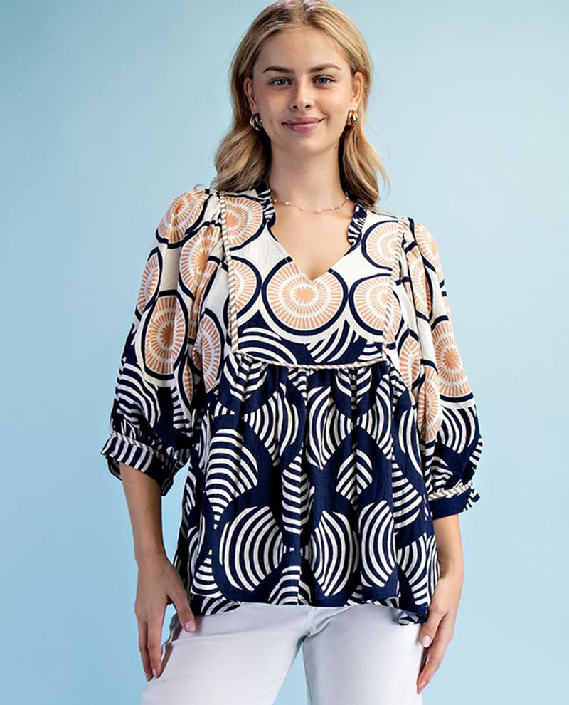 Gigio Print V-neck Babydoll Top