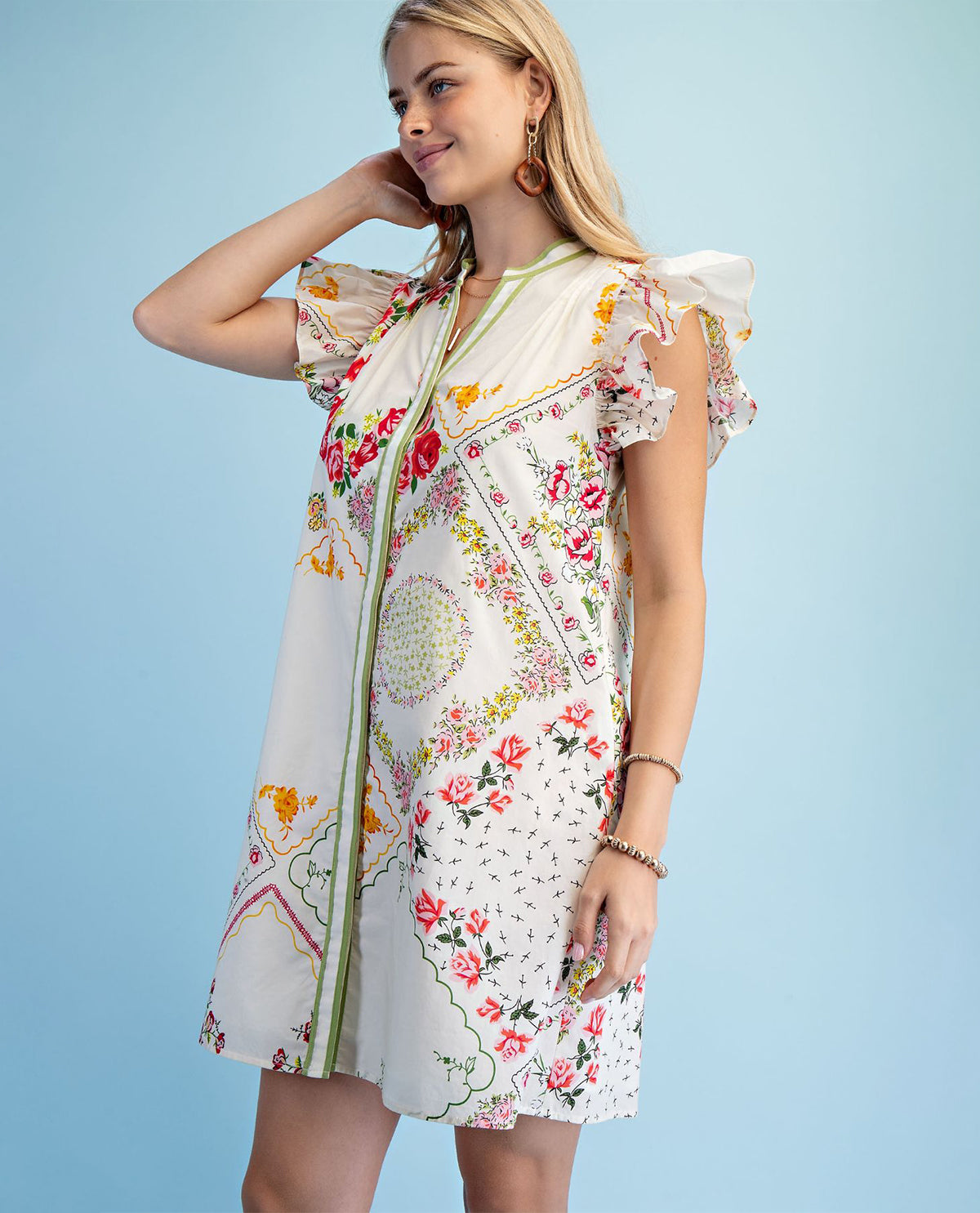 Gigio Floral Print Ruffle Sleeve Dress White