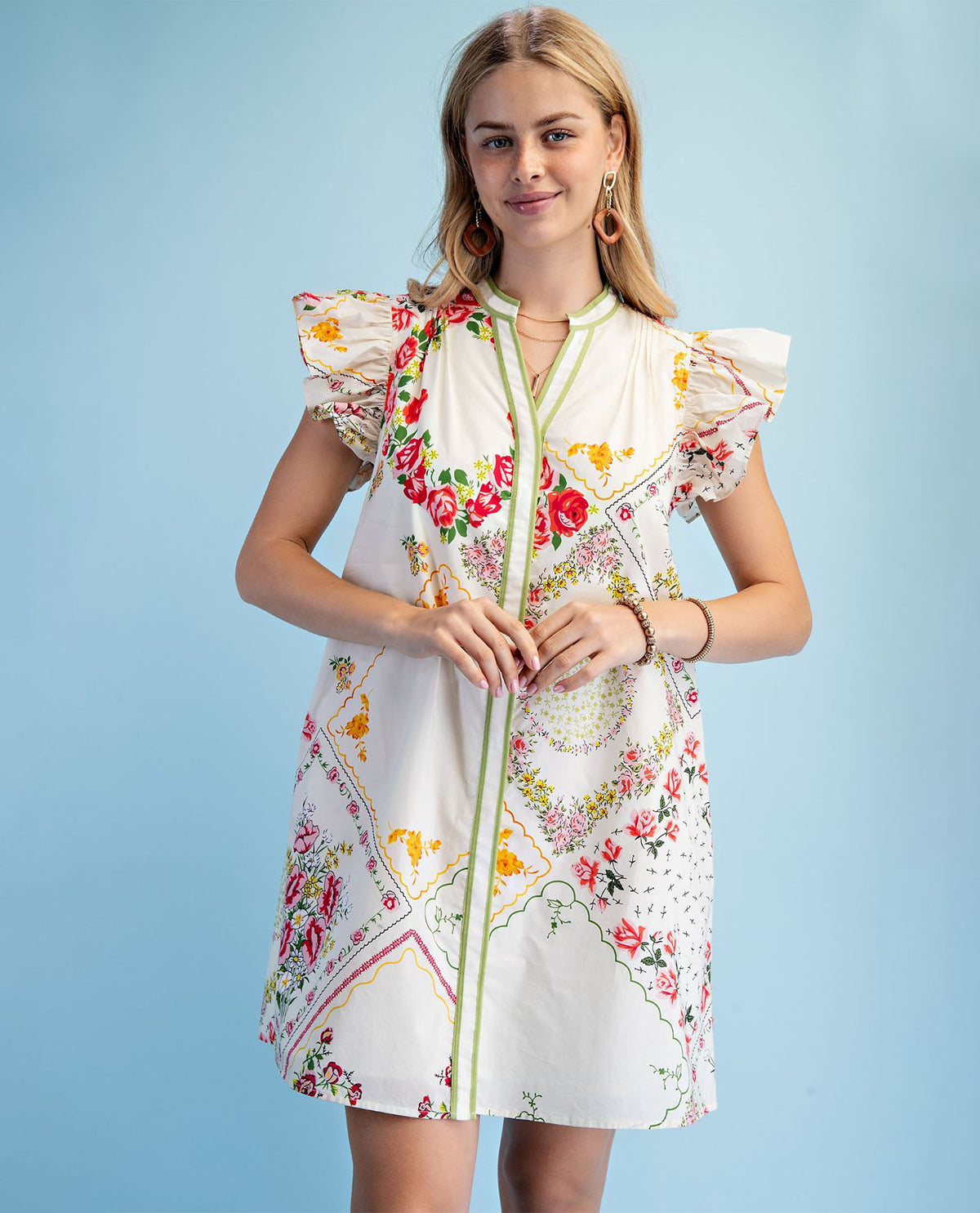 Gigio Floral Print Ruffle Sleeve Dress White