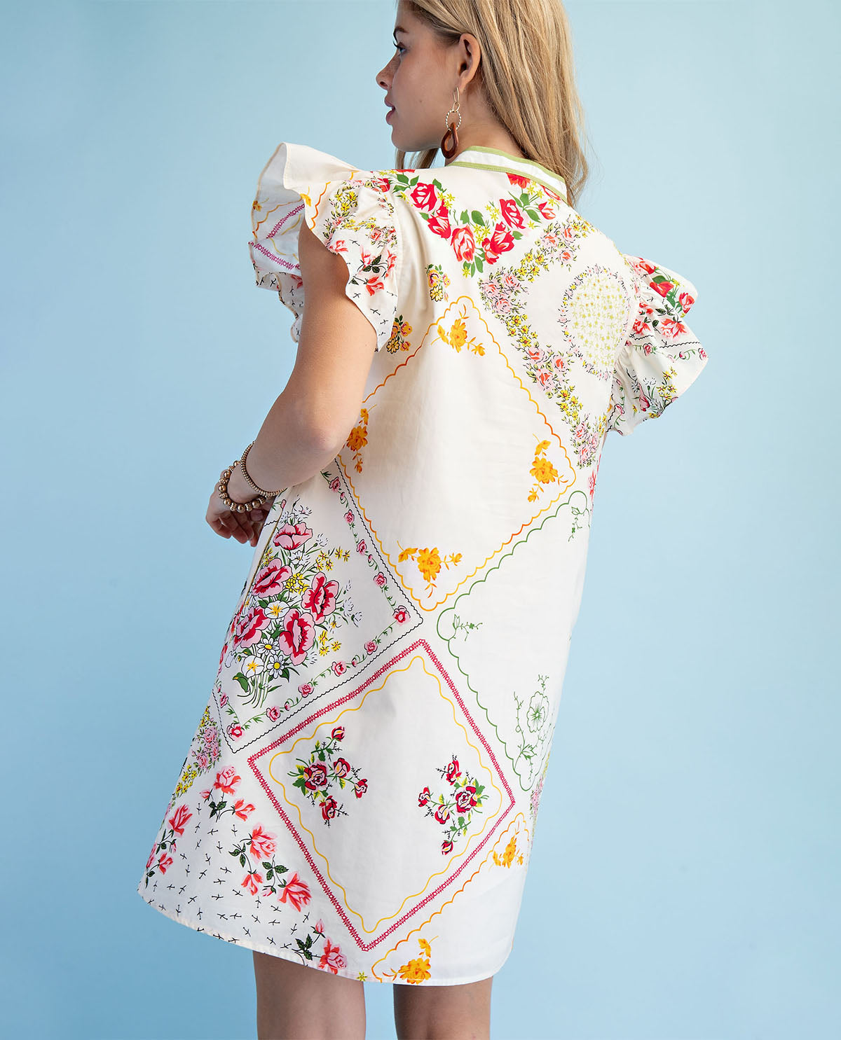 Gigio Floral Print Ruffle Sleeve Dress White