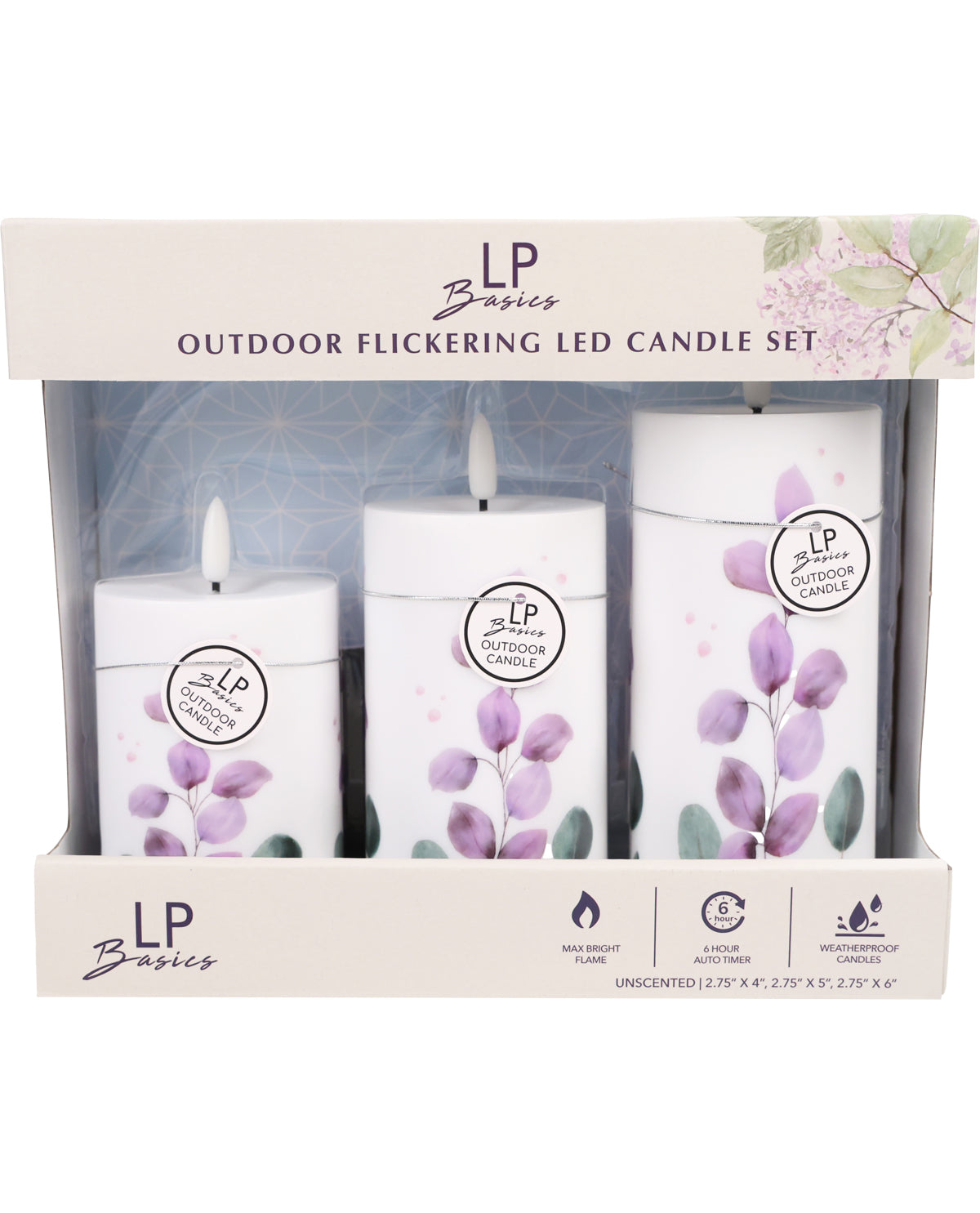 Outdoor flickering LED candle set in packaging with 'LP Basics' branding.