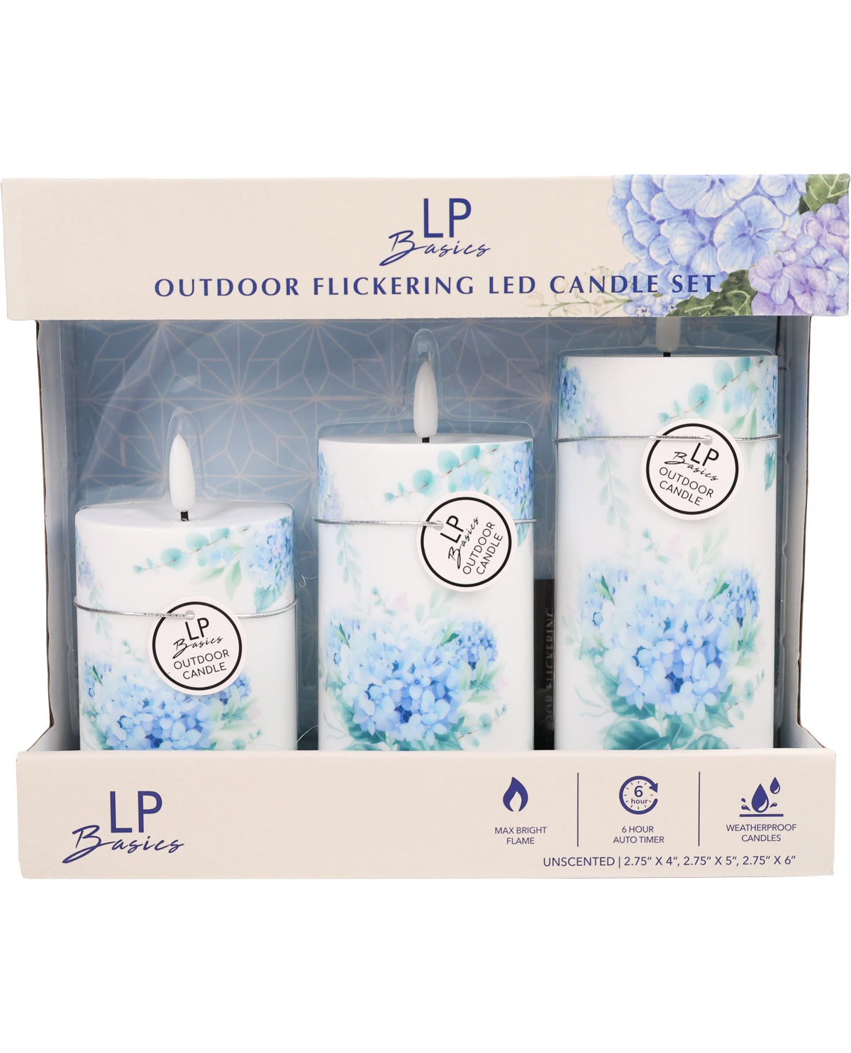 Outdoor flickering LED candle set in packaging with floral design
