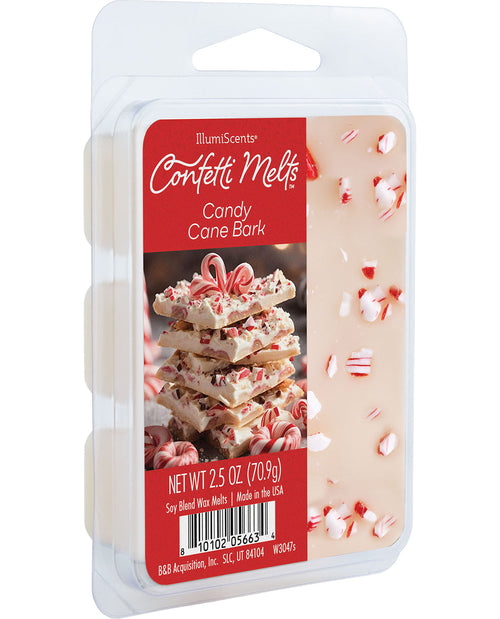 IllumScents Confetti Melts Candy Cane Bark in a 2.5 oz plastic clamshell package, featuring a red and beige label with candy cane bark imagery and scattered candy cane pieces.