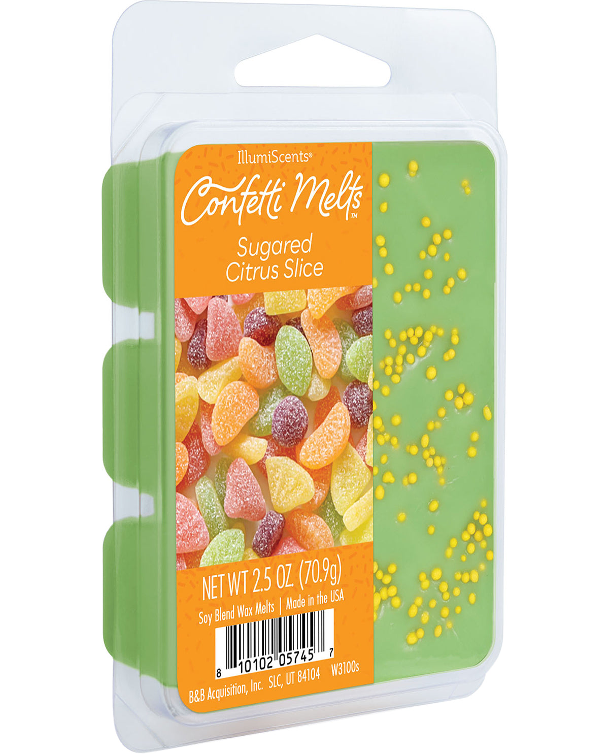 IllumiScente Confetti Melts in 'Sugared Citrus Slice' scent, in a clear plastic clamshell package with a green and orange label showing colorful gummy candies and yellow wax beads.
