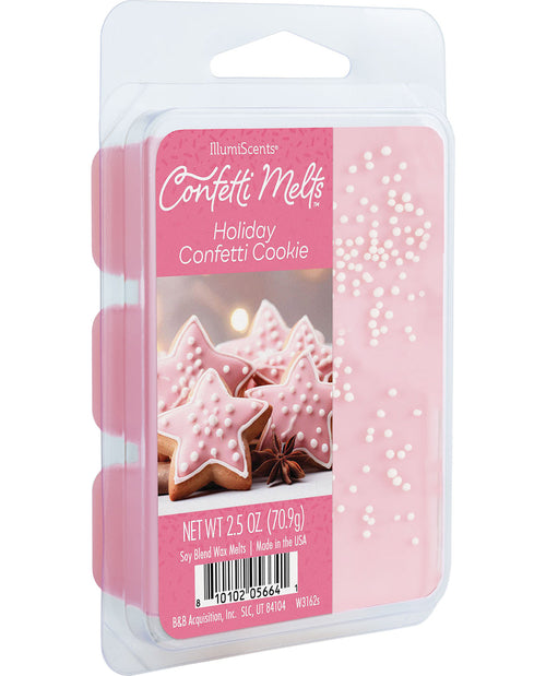 IllumiScents Confietti Melts in Holiday Confetti Cookie scent, packaged in a clear plastic clamshell with a pink label showing decorated star cookies.