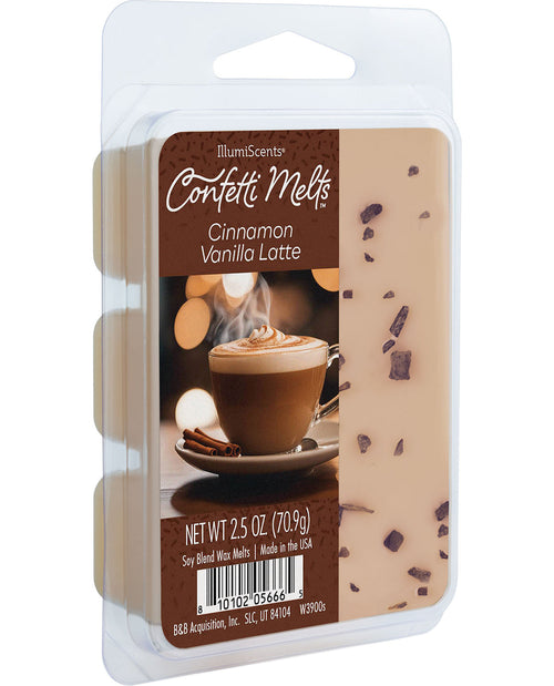 IllumScents Confetti Melts in Cinnamon Vanilla Lotte scent, 2.5 oz plastic clamshell package, featuring a brown and beige color scheme with a hot cocoa graphic.