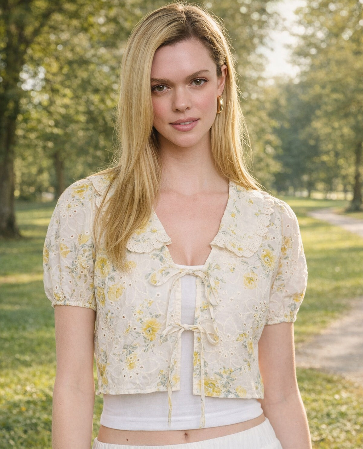 Blu Pepper Tie Front Eyelet Top Yellow