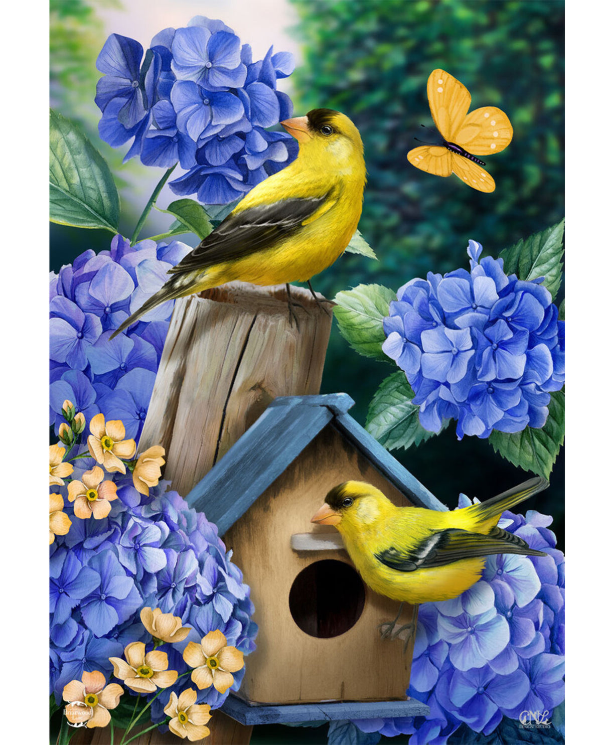 Goldfinches & Hydrangeas Garden Flag