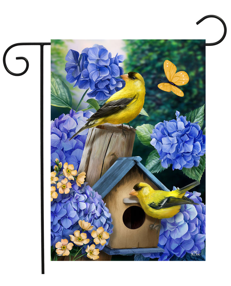 Goldfinches & Hydrangeas Garden Flag