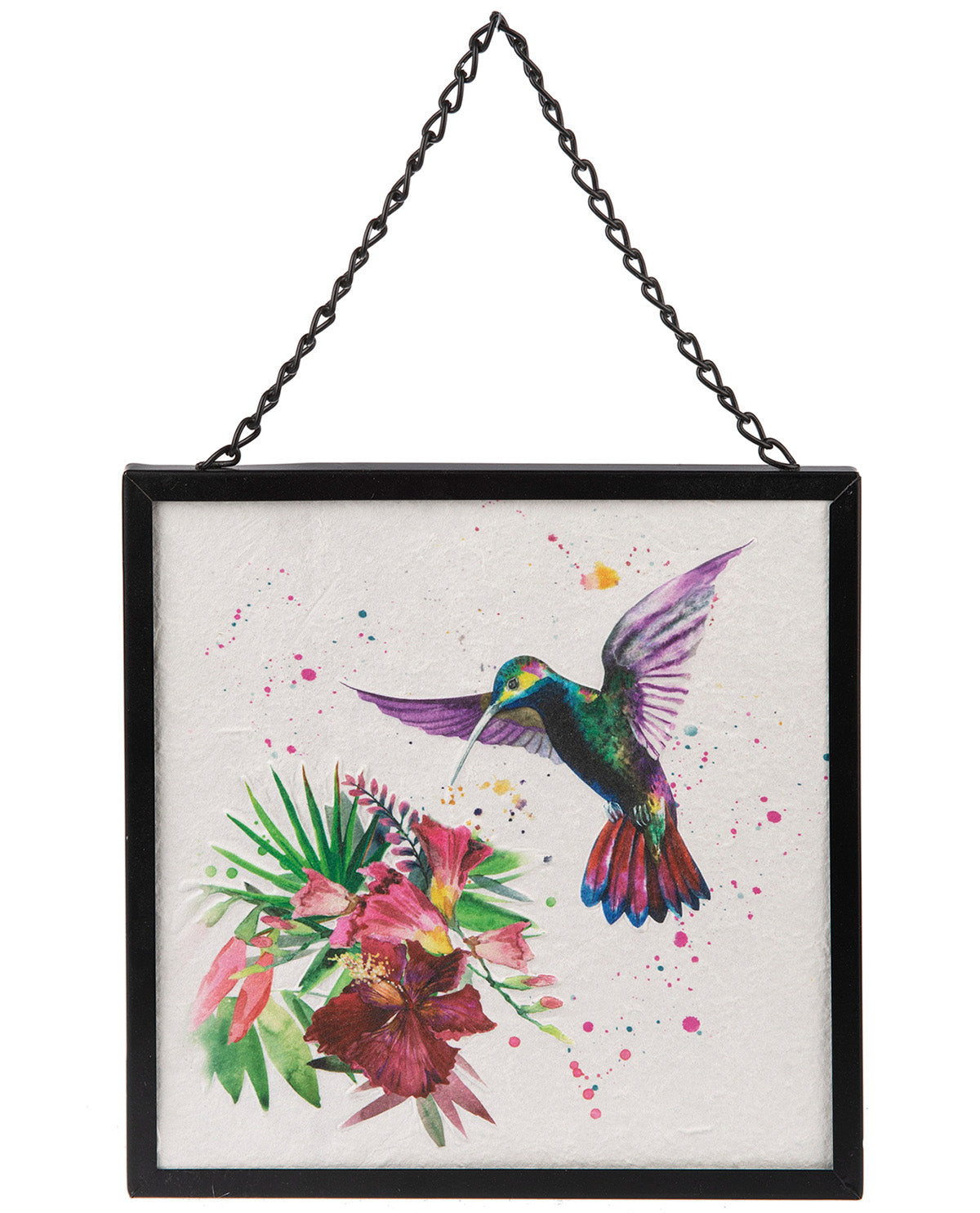 A square framed wall hanging featuring a colorful watercolor-style hummingbird with flowers, suspended from a black metal chain against a white background.