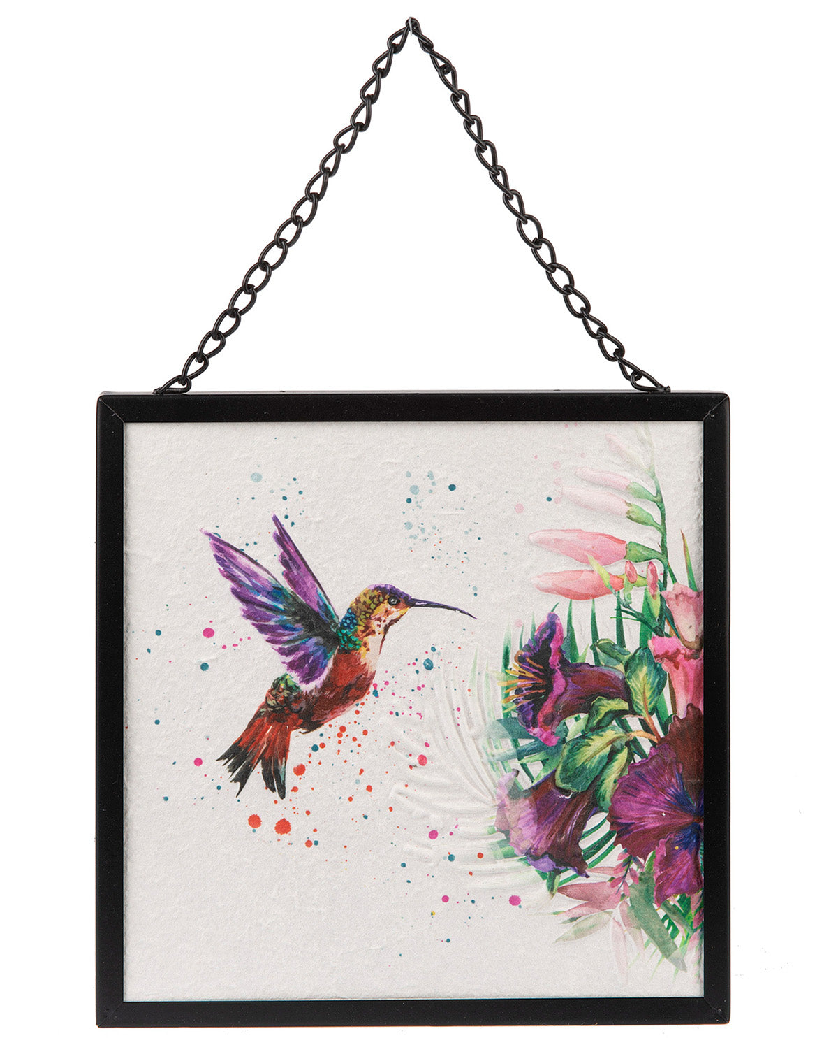 A square framed wall hanging featuring a colorful watercolor-style hummingbird and flowers on a white background, suspended by a black metal chain.