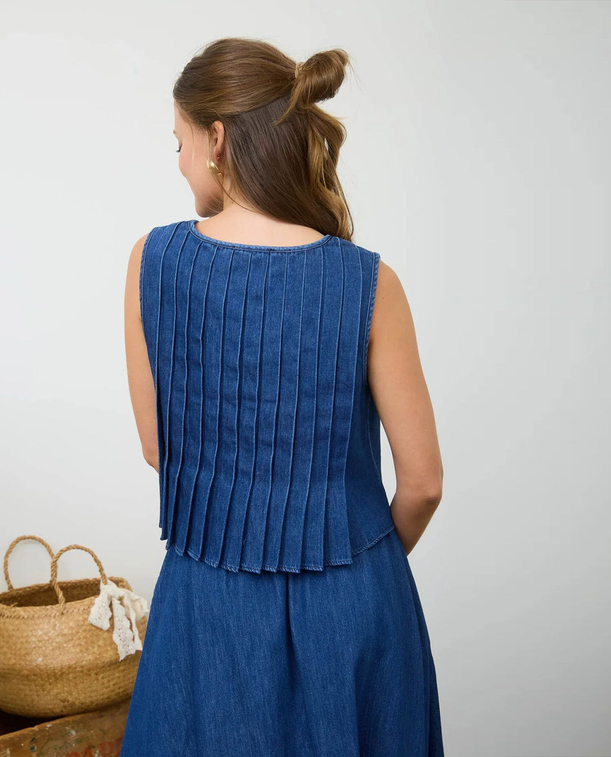 Blu Pepper Pleat Tie Front Top Denim