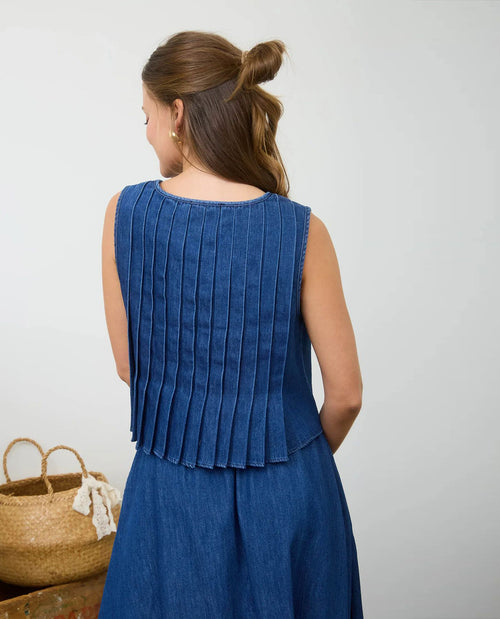 Blu Pepper Pleat Tie Front Top Denim