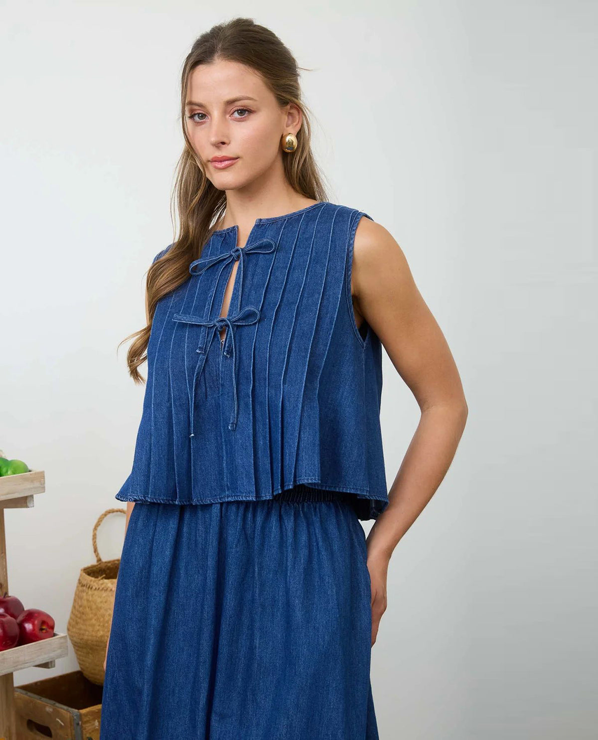 Blu Pepper Pleat Tie Front Top Denim