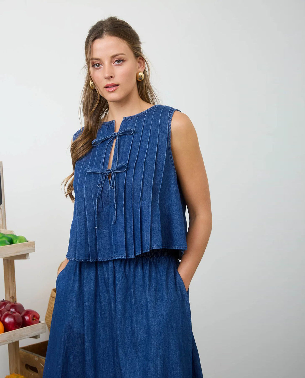 Blu Pepper Pleat Tie Front Top Denim