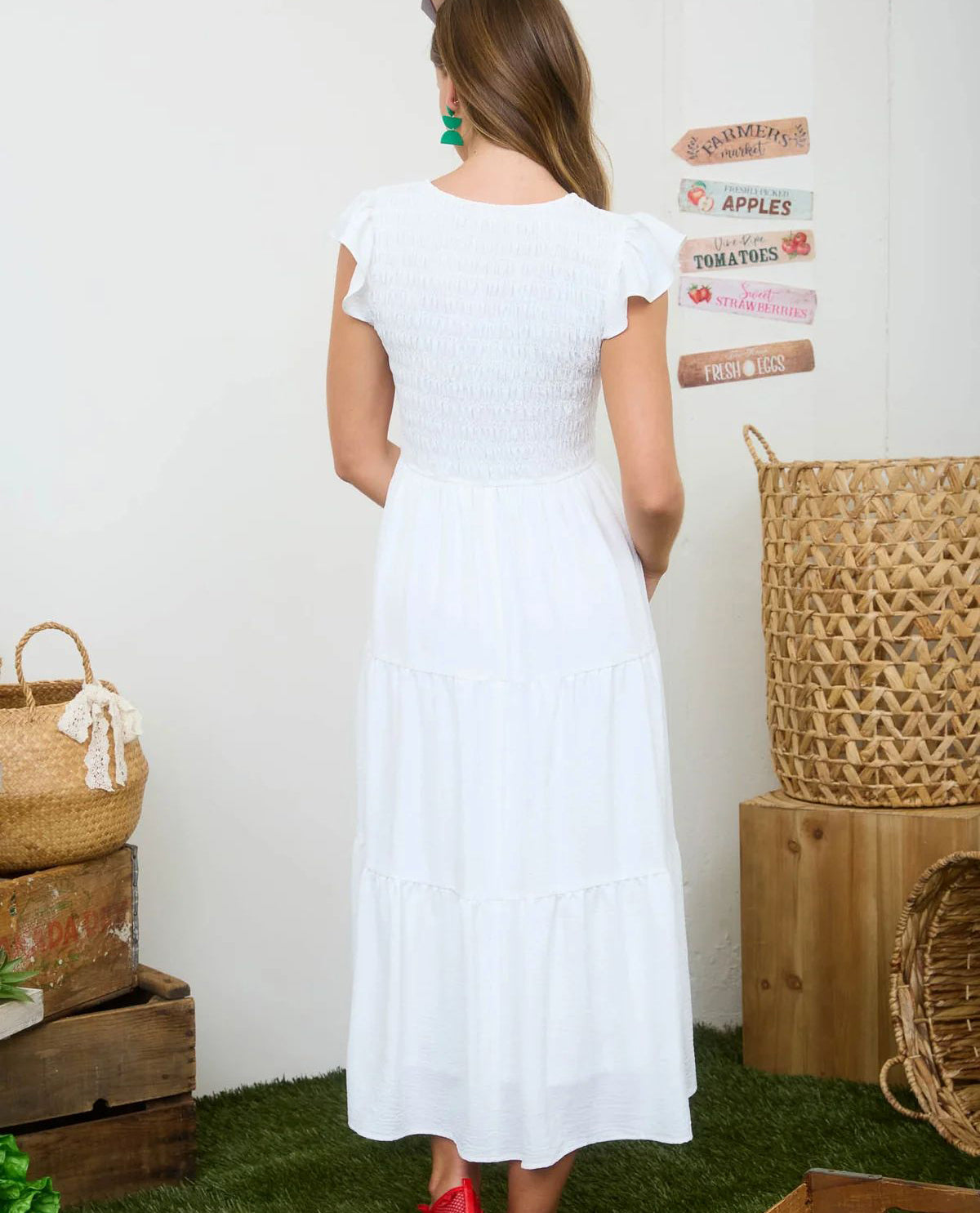 blu pepper smocked dress AUGUST SKY Tie Shoulder Smocked Maxi Dress