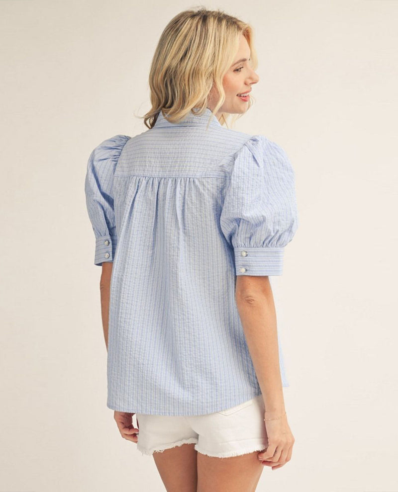 Jodifl Stripe Button Front Puff Sleeve Top Blue