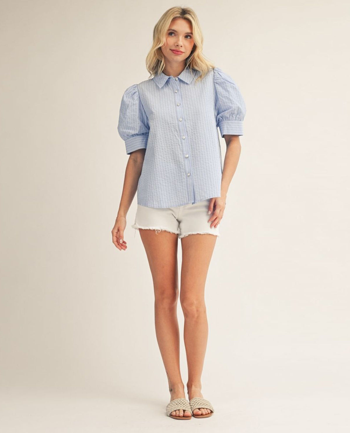 Jodifl Stripe Button Front Puff Sleeve Top Blue