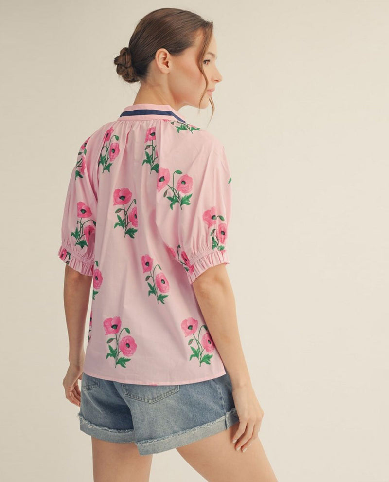 Jodifl Floral Top With Color Contrast Neckline and Ruffle Detail Sleeves