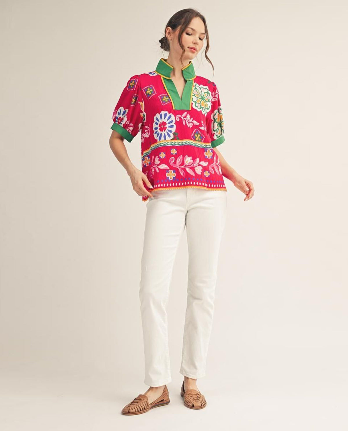 Jodifl Short Puff Sleeves Boho Floral Top