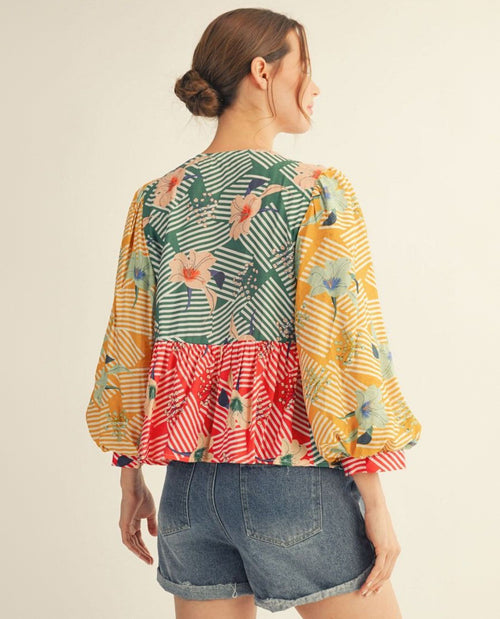 Jodifl 3/4 Puff Sleeve Color Blocked Floral Top With Front Bow Tie Detail