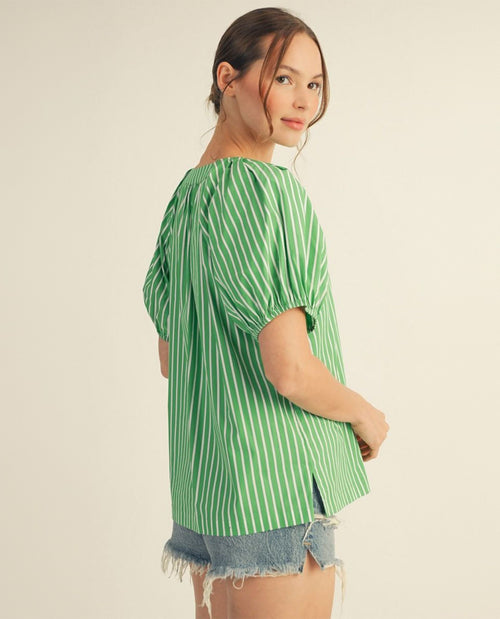 Jodifl Short Puff Sleeves Stripe Top With Side Slit Hem and Shoulder Pintuck Detail Green