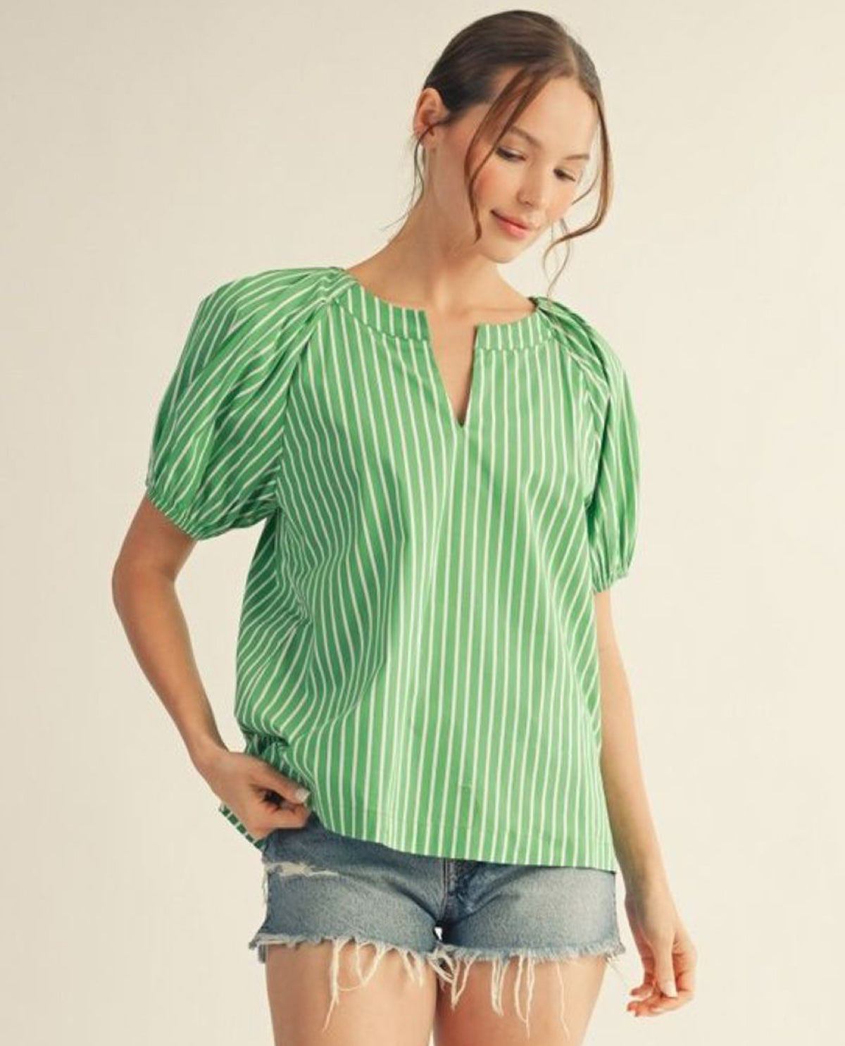 Jodifl Short Puff Sleeves Stripe Top With Side Slit Hem and Shoulder Pintuck Detail Green