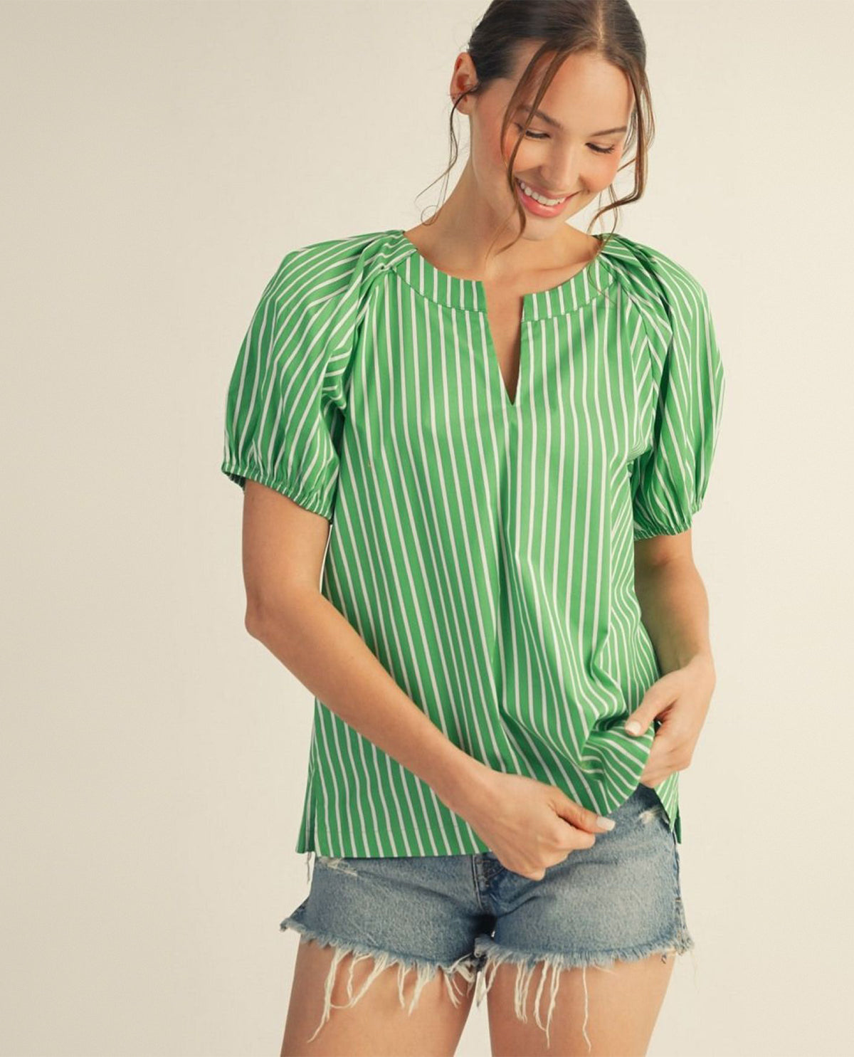 Jodifl Short Puff Sleeves Stripe Top With Side Slit Hem and Shoulder Pintuck Detail Green