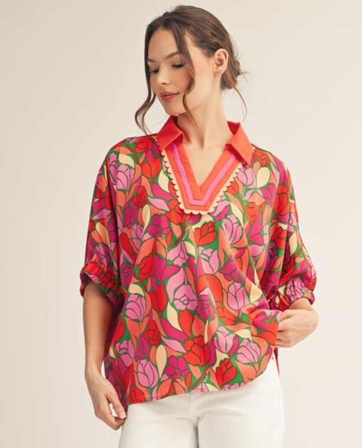 Jodifl Drop Shoulder Floral Print Loose Fit Top