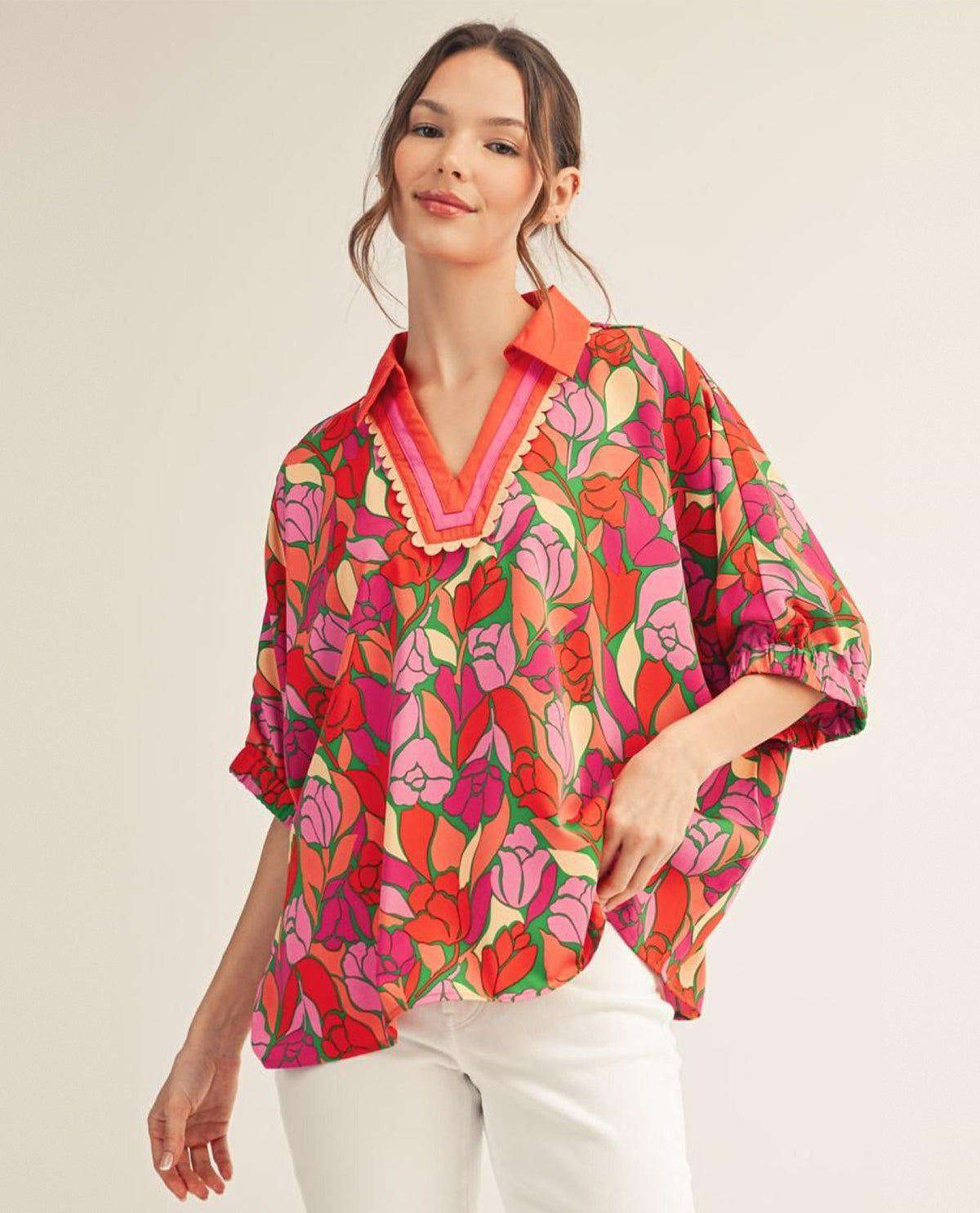 Jodifl Drop Shoulder Floral Print Loose Fit Top
