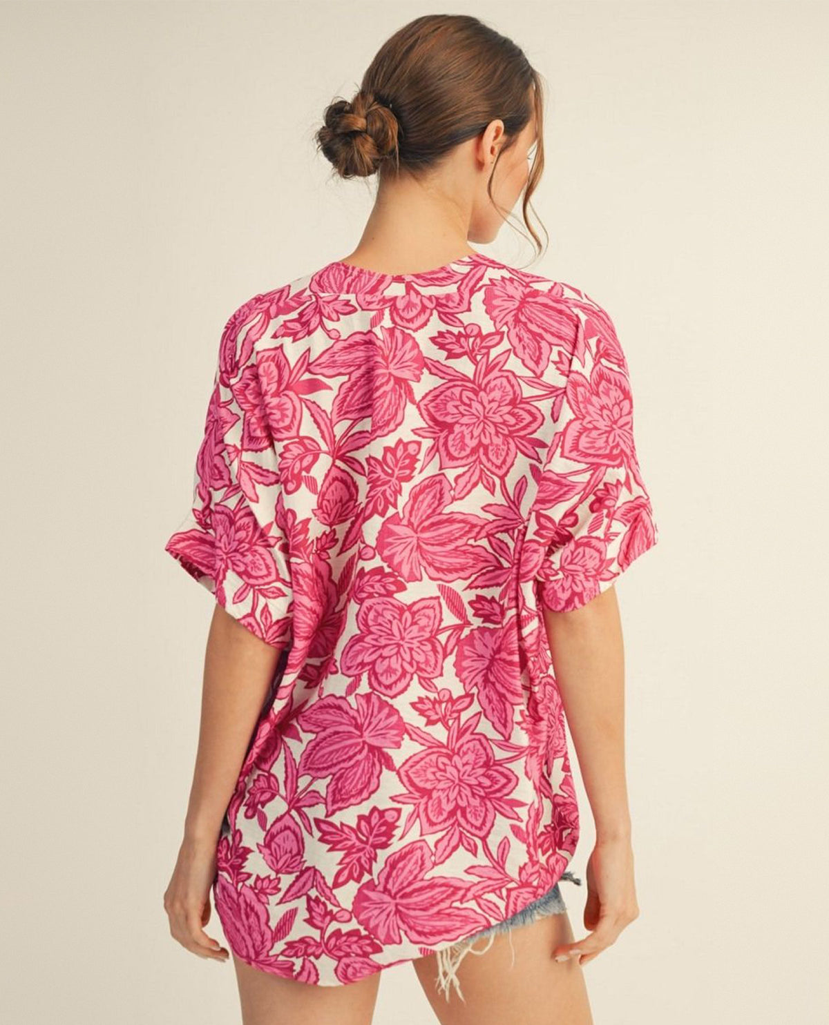 Jodifl Print V-Neck Dolman Top Fuchsia