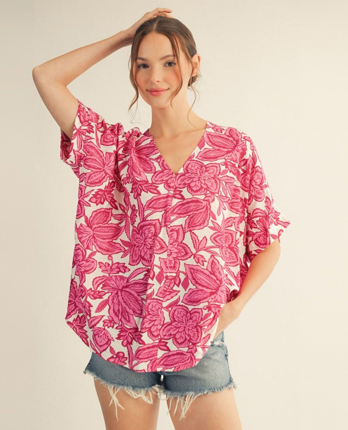 Jodifl Print V-Neck Dolman Top Fuchsia