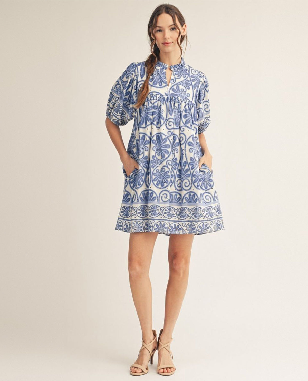 Jodifl Print Dress With Cuff Sleeves Blue