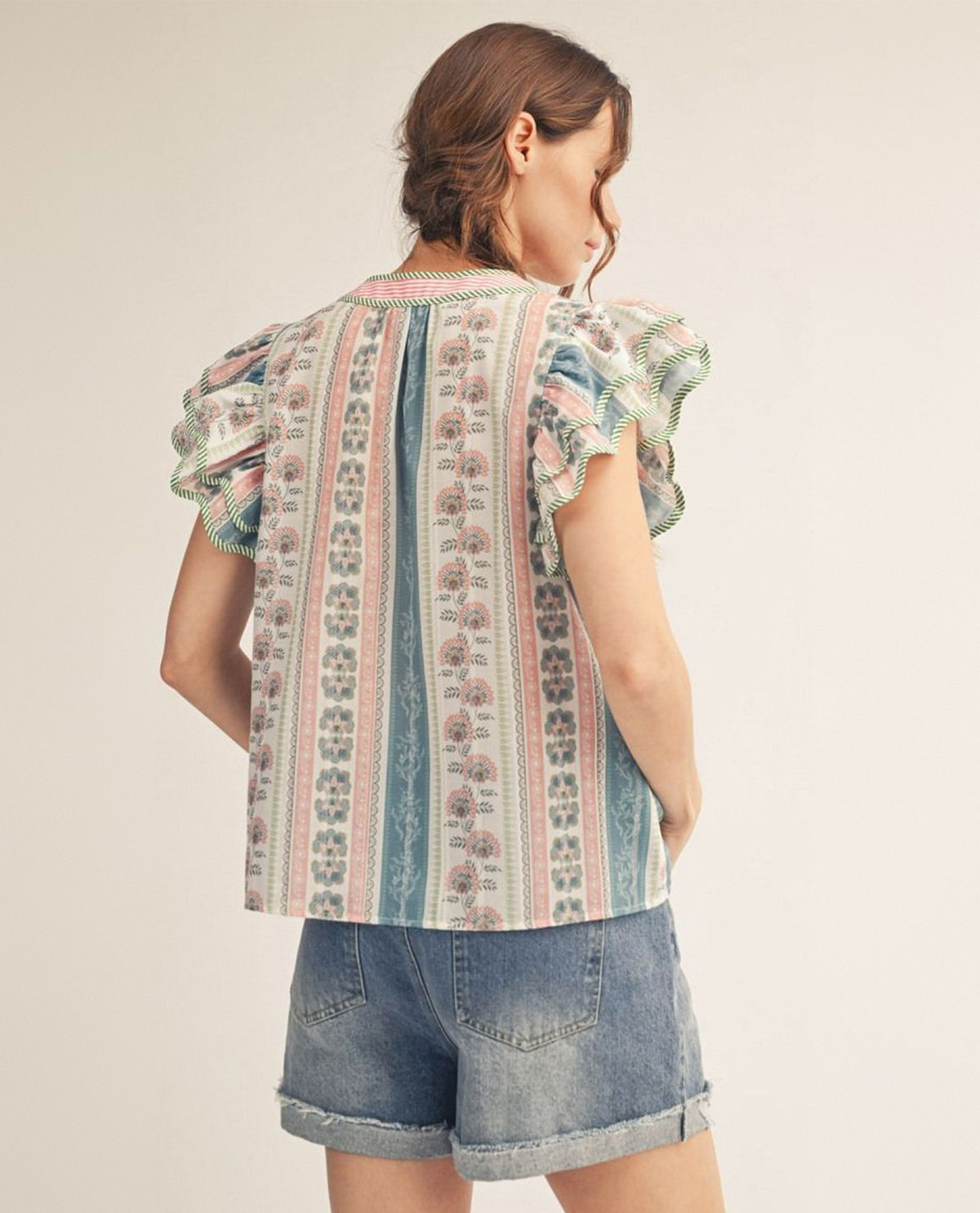 Jodifl Layered Ruffle Cap Sleeves Boho Floral Top With Stripe Contrast