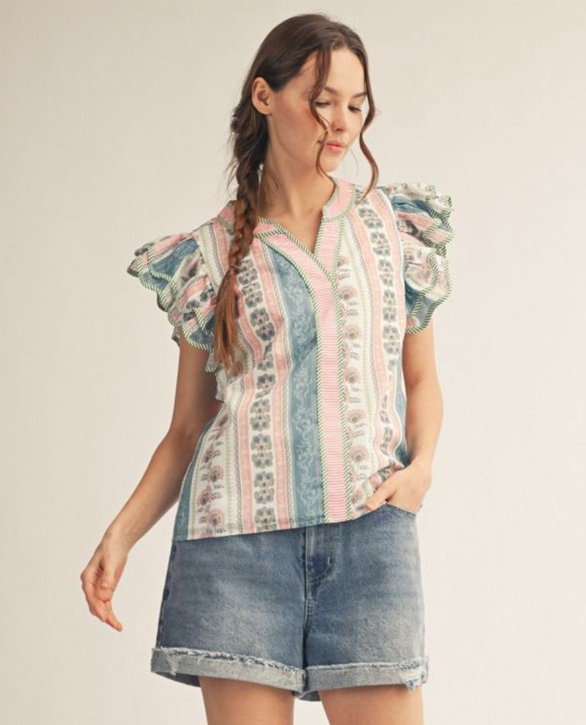 Jodifl Layered Ruffle Cap Sleeves Boho Floral Top With Stripe Contrast