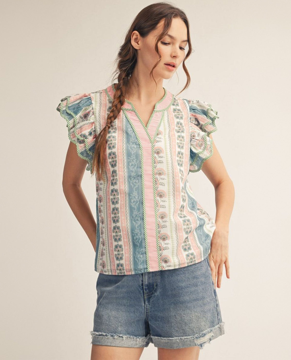 Jodifl Layered Ruffle Cap Sleeves Boho Floral Top With Stripe Contrast