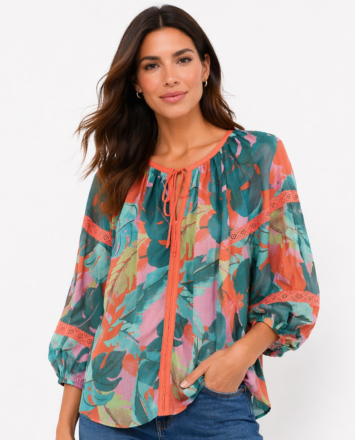 Zac & Rachel Print Tropical Slub Top Pink Tomato