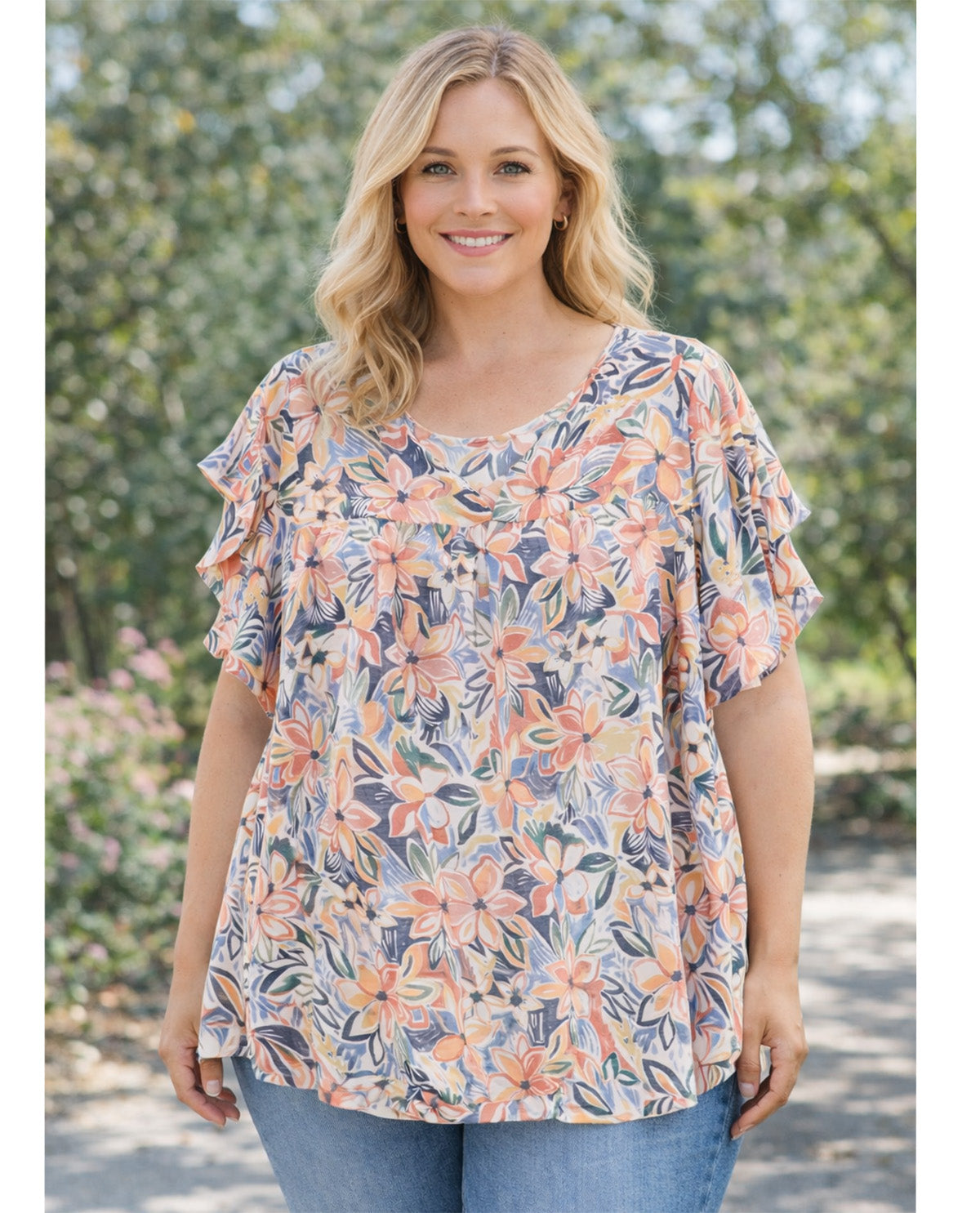 Palm Rio Print Ruffle Sleeve Top White/Green