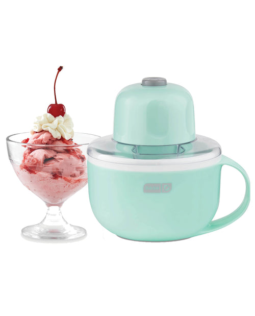 Mint green ice cream scoop with a bowl of strawberry ice cream on a white background