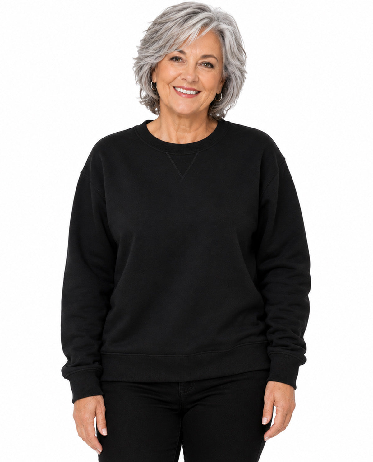 Model wearing a black top with a white background