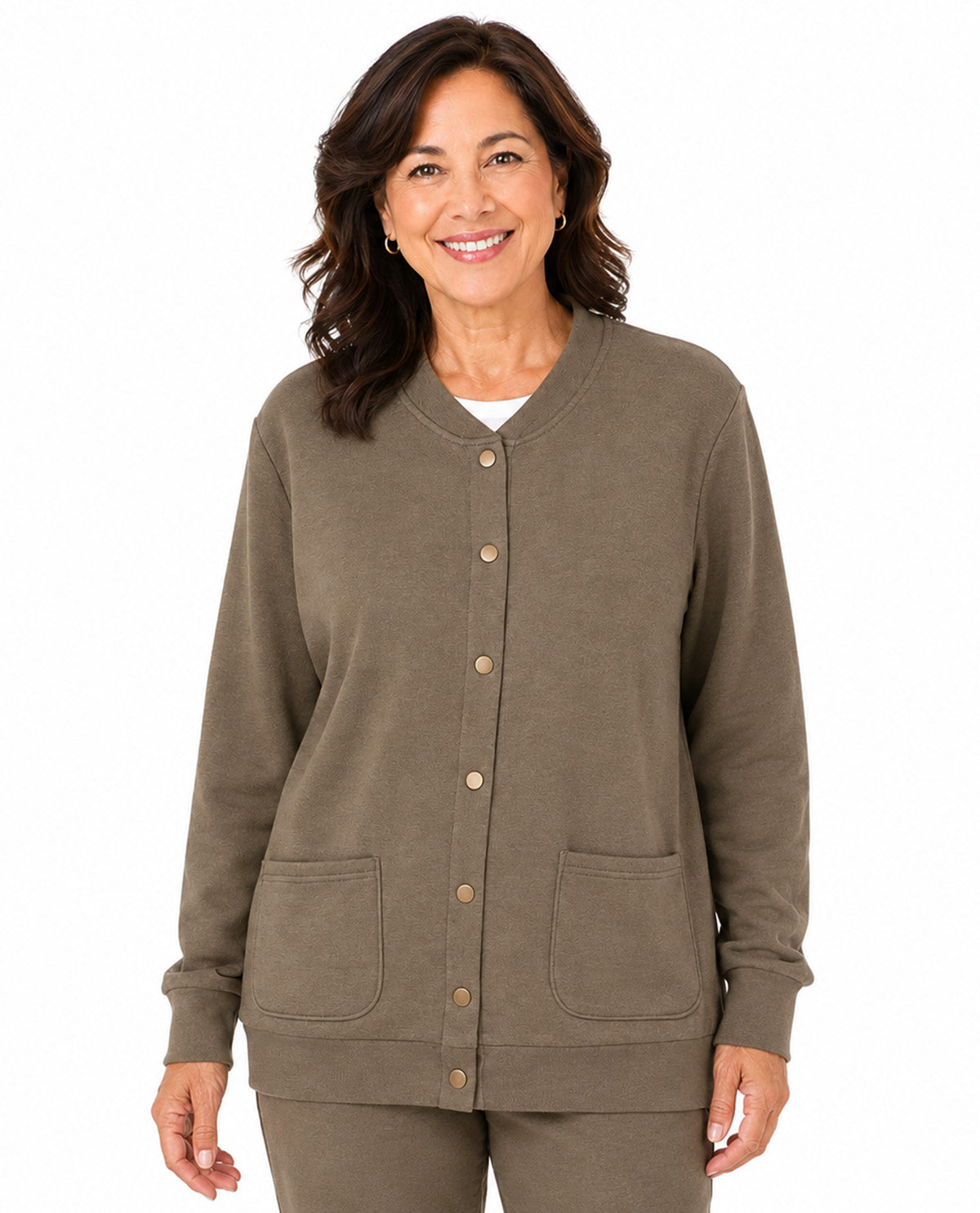 A smiling woman with dark hair wearing a taupe brown button-up cardigan with front pockets, shown against a plain white background.